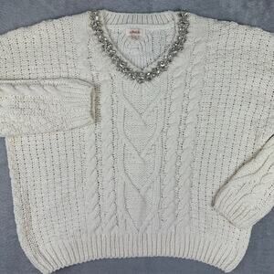 a Peach Cream Chenille Cable Knit Rhinestone Bling Sweater Boxy Cropped Small